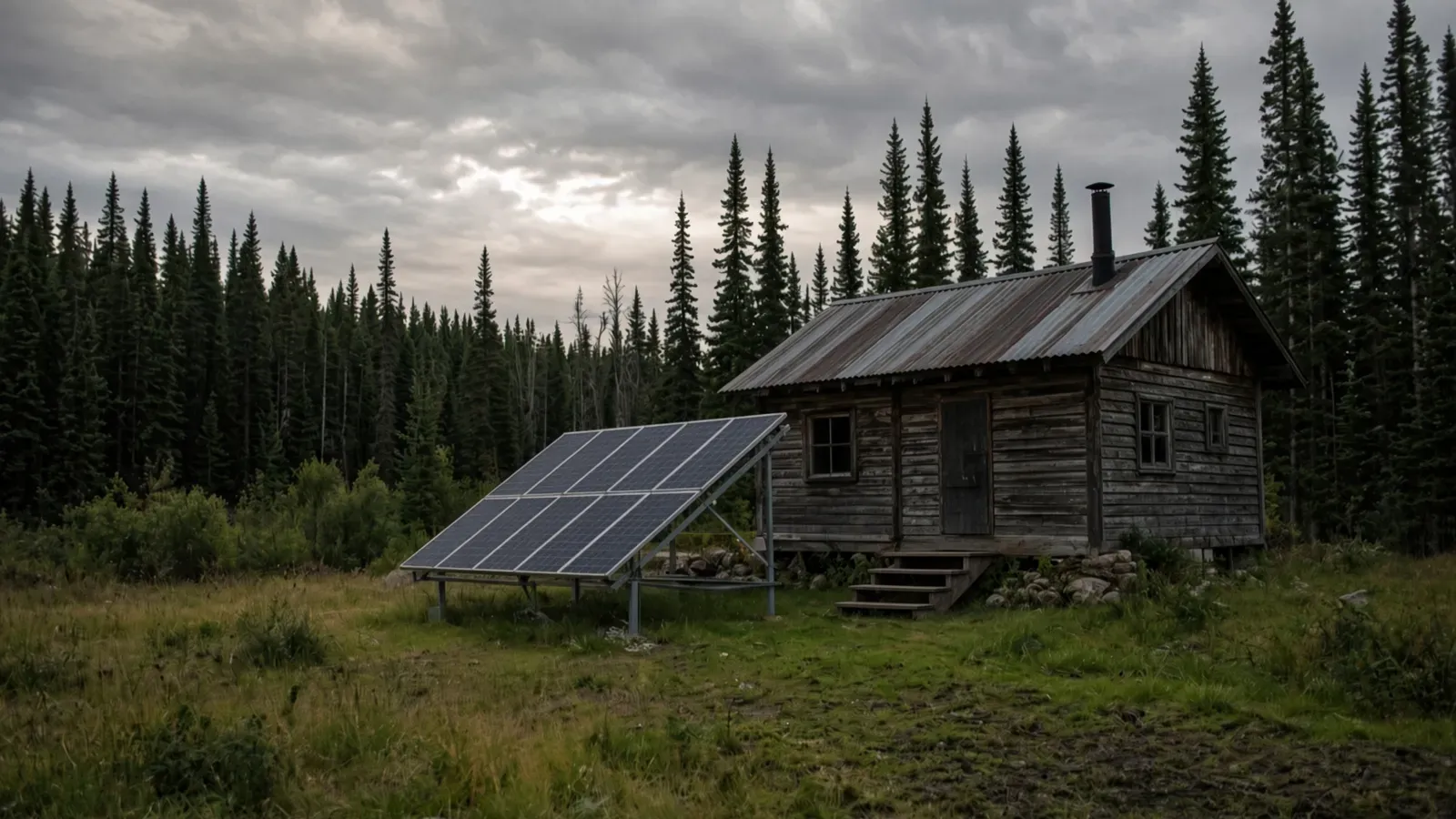 A weathered log cabin in a clearing surrounded by spruce forest, with a ground-mounted solar array of six panels angled toward a heavily clouded sky.