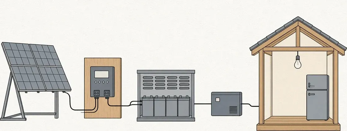 An off-grid solar system laid out left to right: a tilted two-panel array on a ground frame, a charge controller mounted on a plywood board, a bank of batteries in a vented cabinet, an inverter, and a cabin interior with a ceiling light and a fridge.